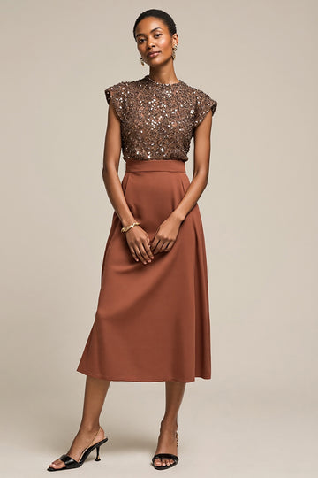 Sparkly Brown A Line Mirror Tea Length Work Dress with Beading